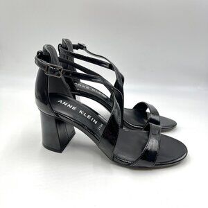 Anne‎ Klein Womens Size 6.5 Black Patent Block Heels Dress Sandals Shoes
